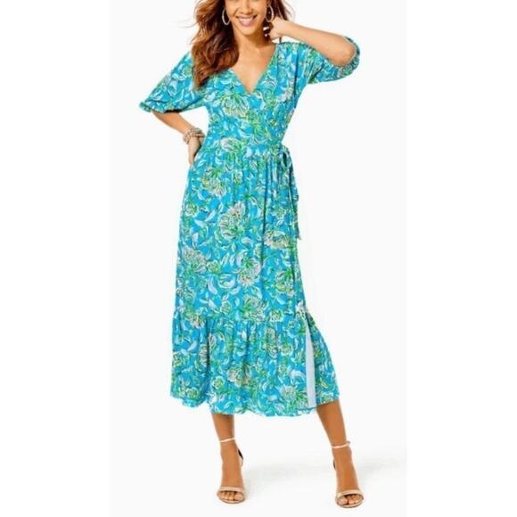 Lilly Pulitzer Brantley Midi Wrap Dress in Cumulus Blue Chick Magnet Size L